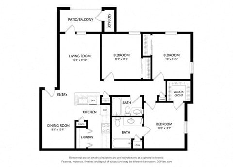 Floor plan for 3 beds, 2 baths, 1100 sqft